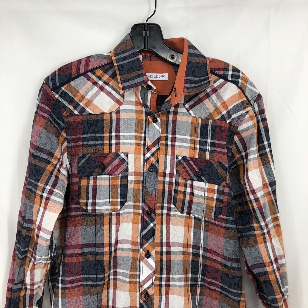 JOHN LENNON Orange Plaid Floral Button Up Long Sleeve Shirt Small